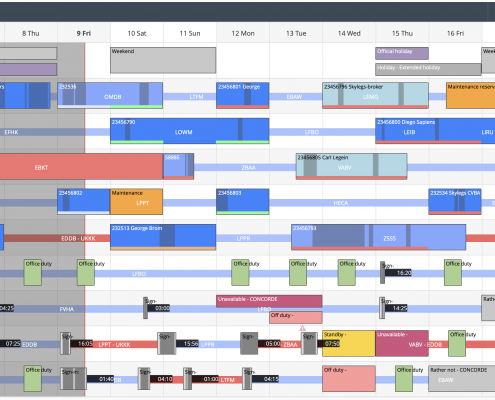 Aircraft and people schedule displayed on a timeline