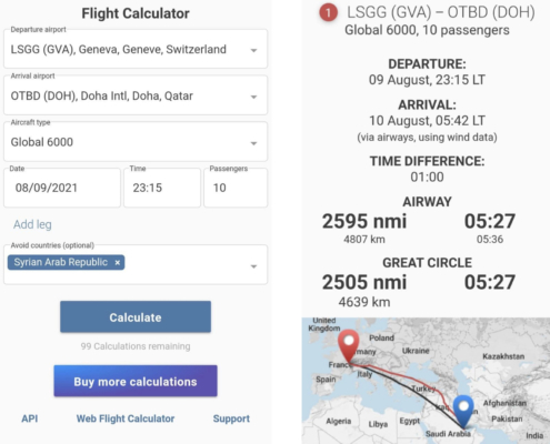 Calculation result from Aviapages Flight Calculator app